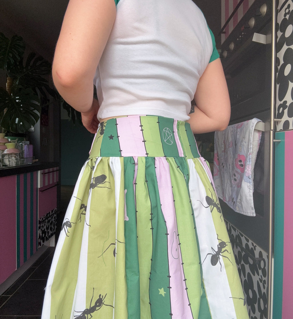 Green Ants and Striped Midi Ruffled Skirt (UK10)