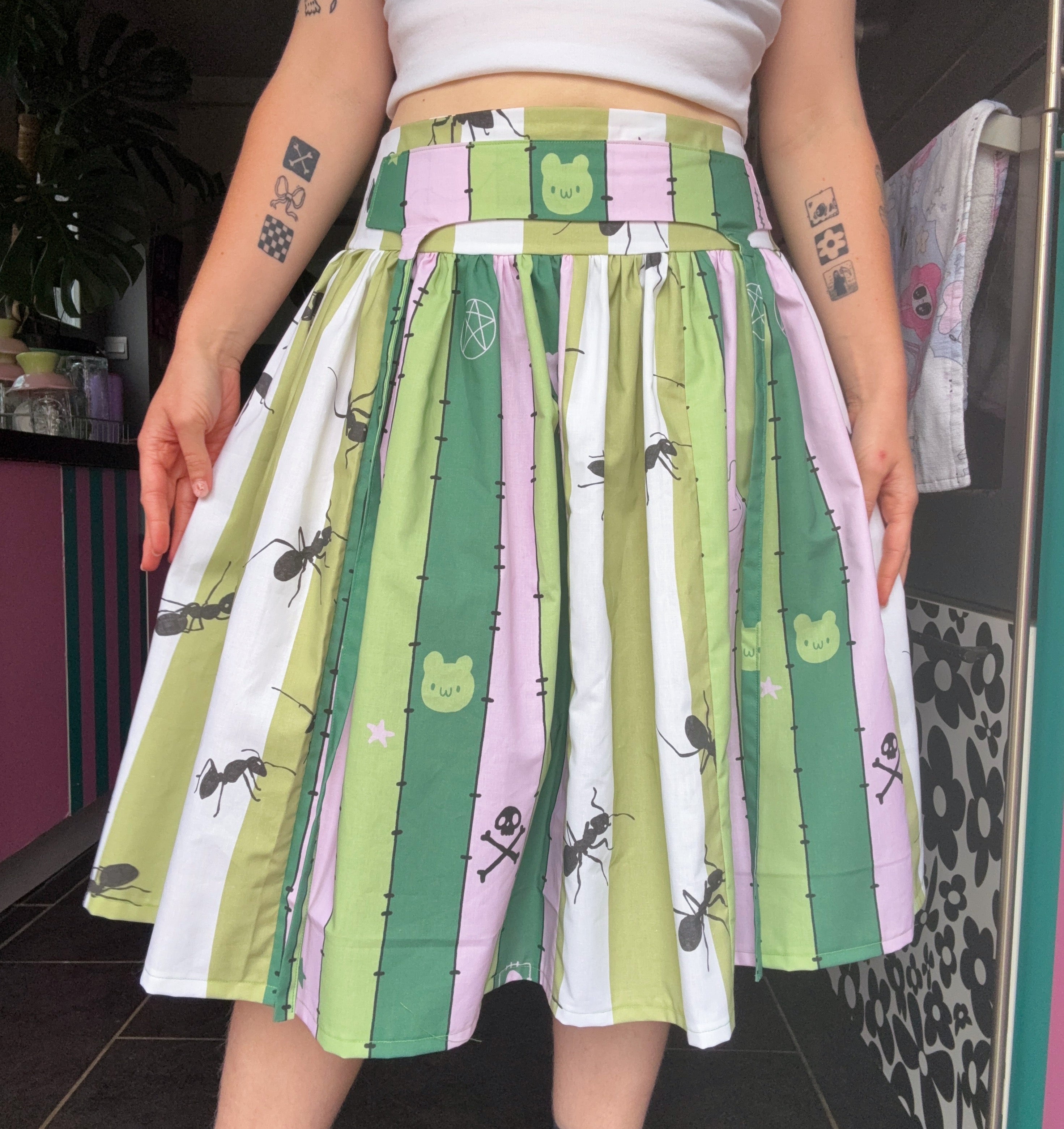 Green Ants and Striped Midi Ruffled Skirt (UK10)