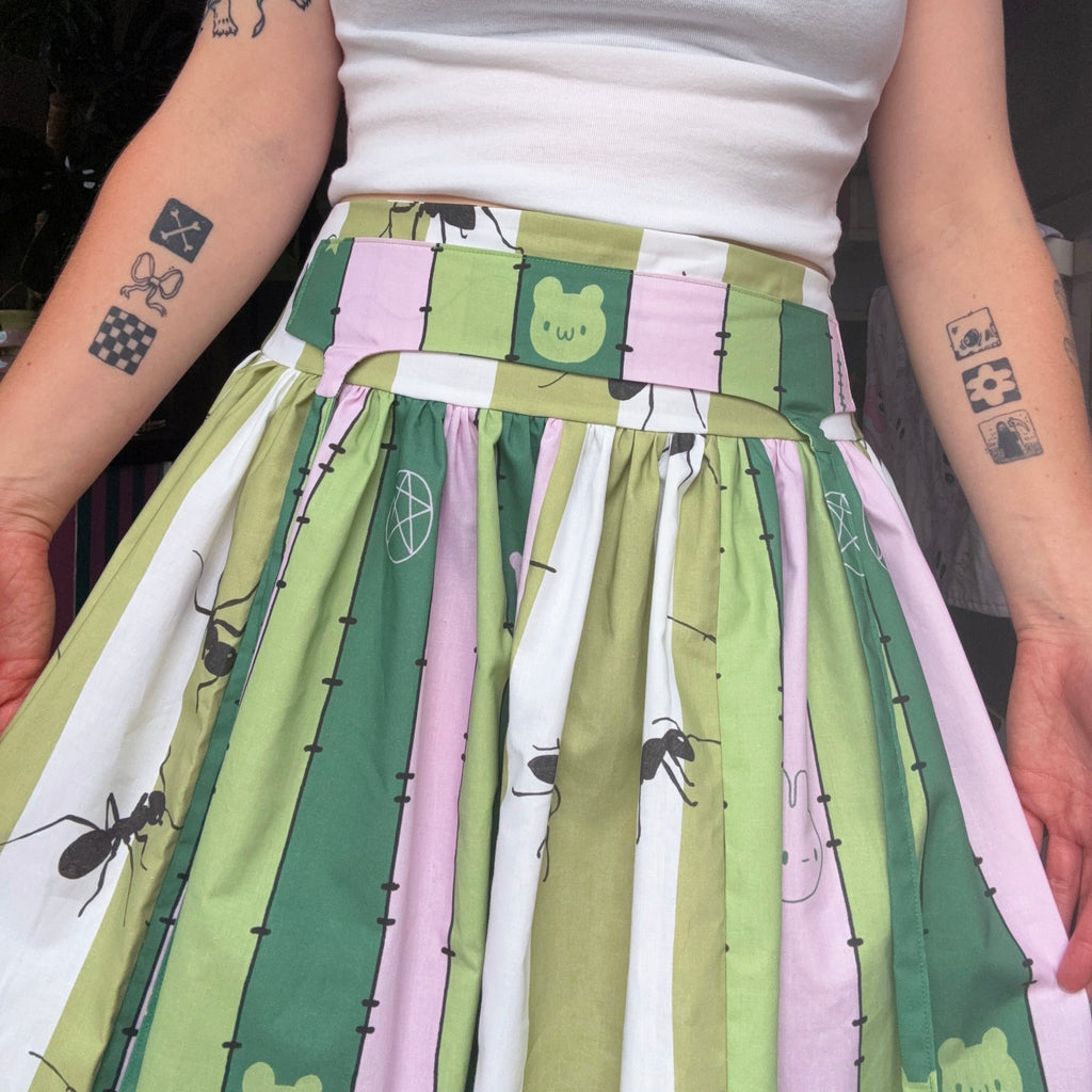 Green Ants and Striped Midi Ruffled Skirt (UK10)