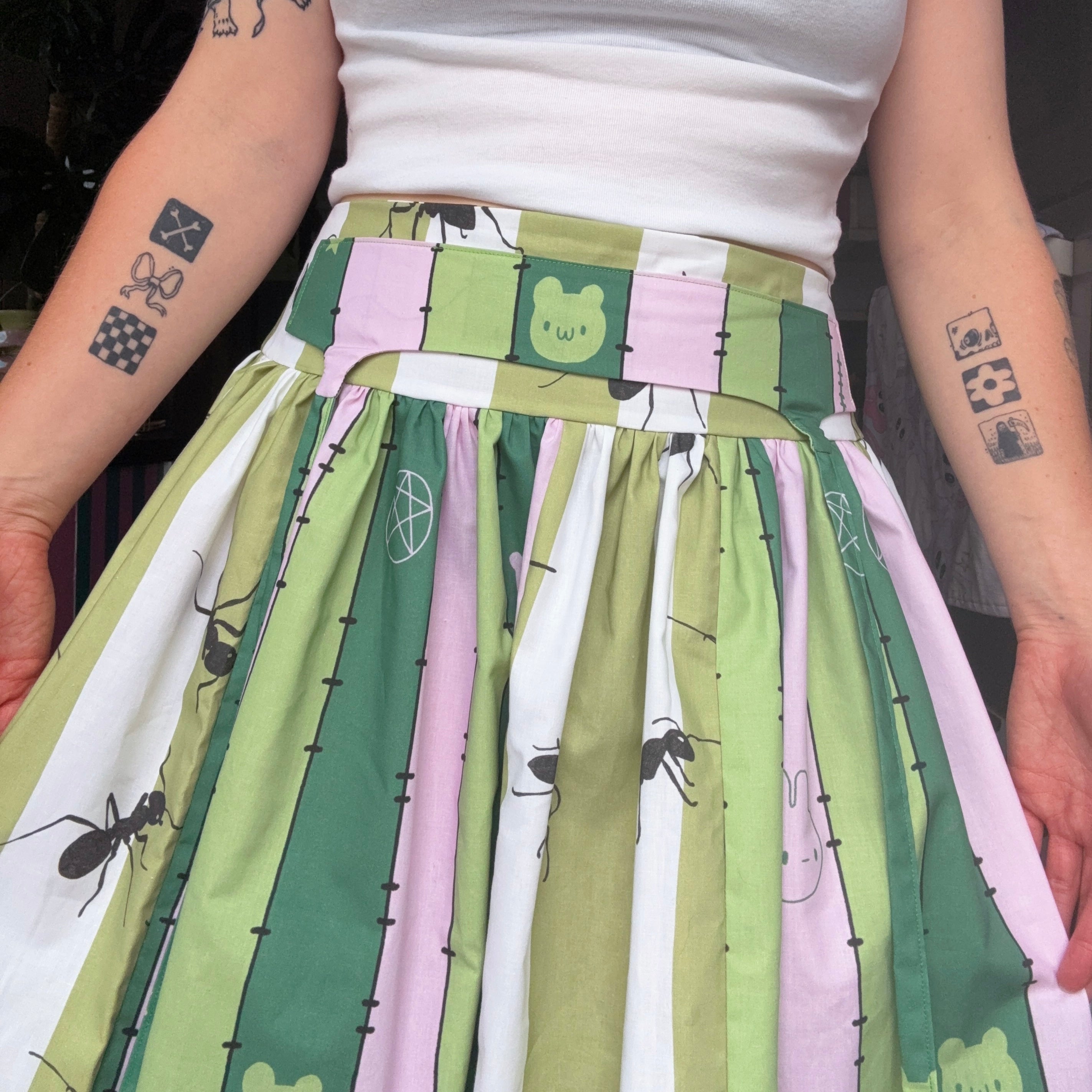Green Ants and Striped Midi Ruffled Skirt (UK10)